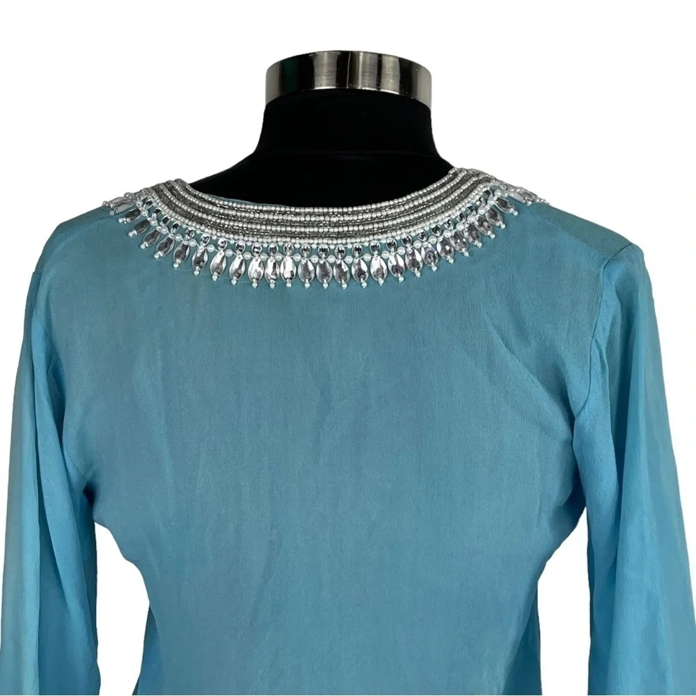 TAJ BY SABRINA CRIPPA SHEER BEADED SILK V-NECK TUNIC SWIM COVER UP - Picture 7 of 14